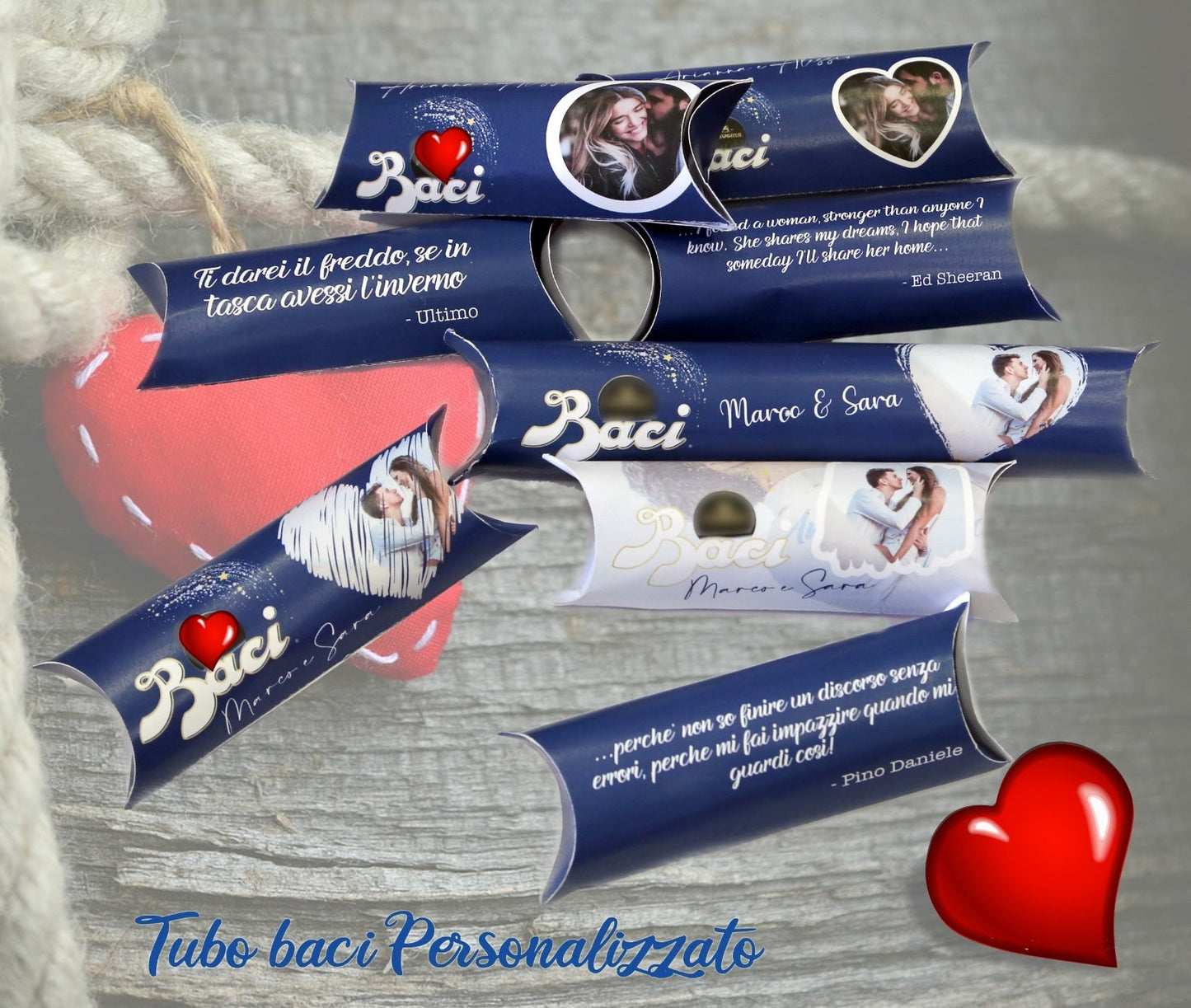 Tubo baci di cioccolato personalizzato con foto e frase o canzone