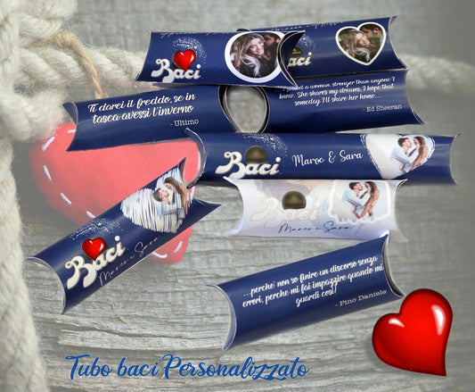 Tubo baci personalizzato con foto e frase dedica canzone con bacio incluso